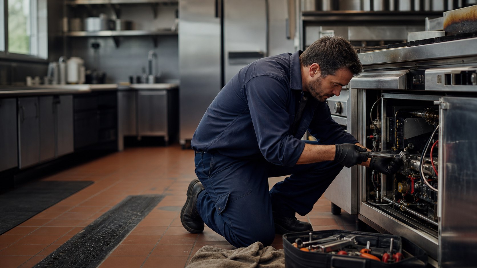Commercial kitchen repair technician working on equipment